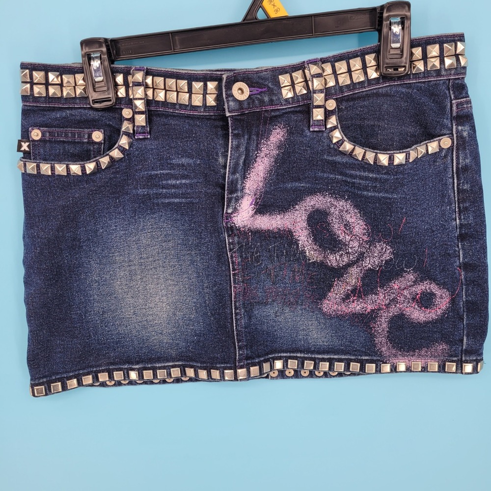 Express Jeans Denim Mini Skirt Womens Size 5/6 Y2K Studded Graphic Cyberpunk
